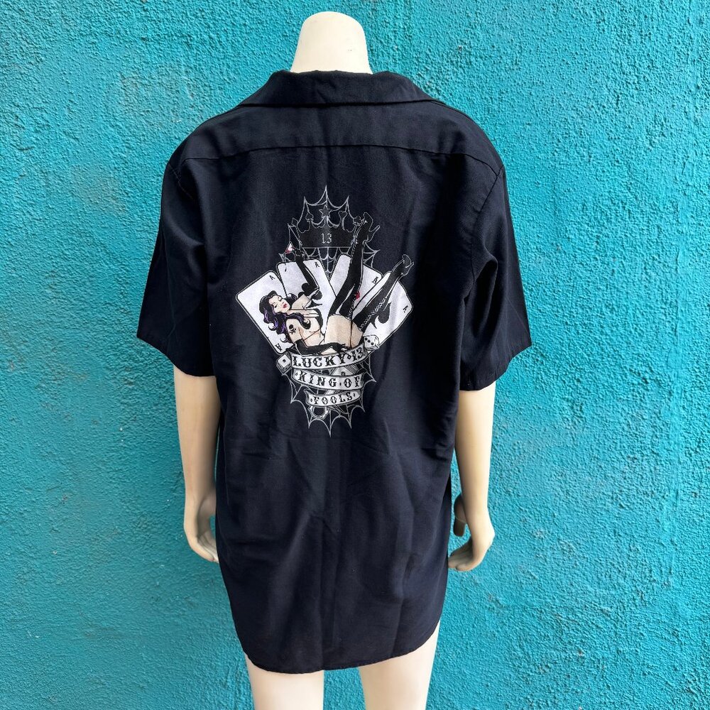 Lucky 13 King of Fools print black button down shirt men's L EUC